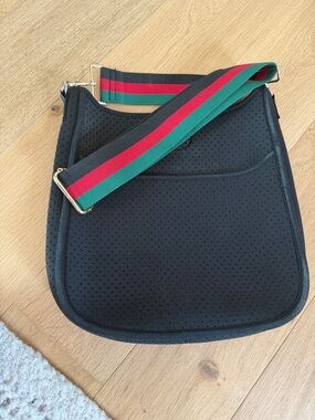 Ah Dorned Black Crossbody Messenger Bag with Striped Strap